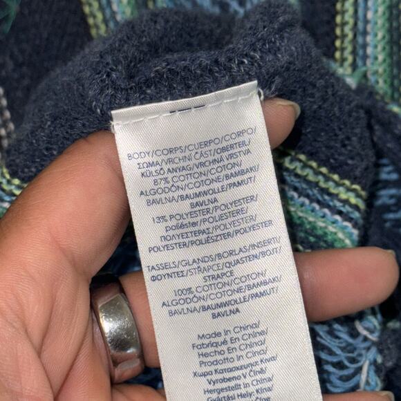 Chaps Poncho Sweater Women's Medium Blue Striped Cotton Knit Fringe Boho Hippie - Picture 7 of 7